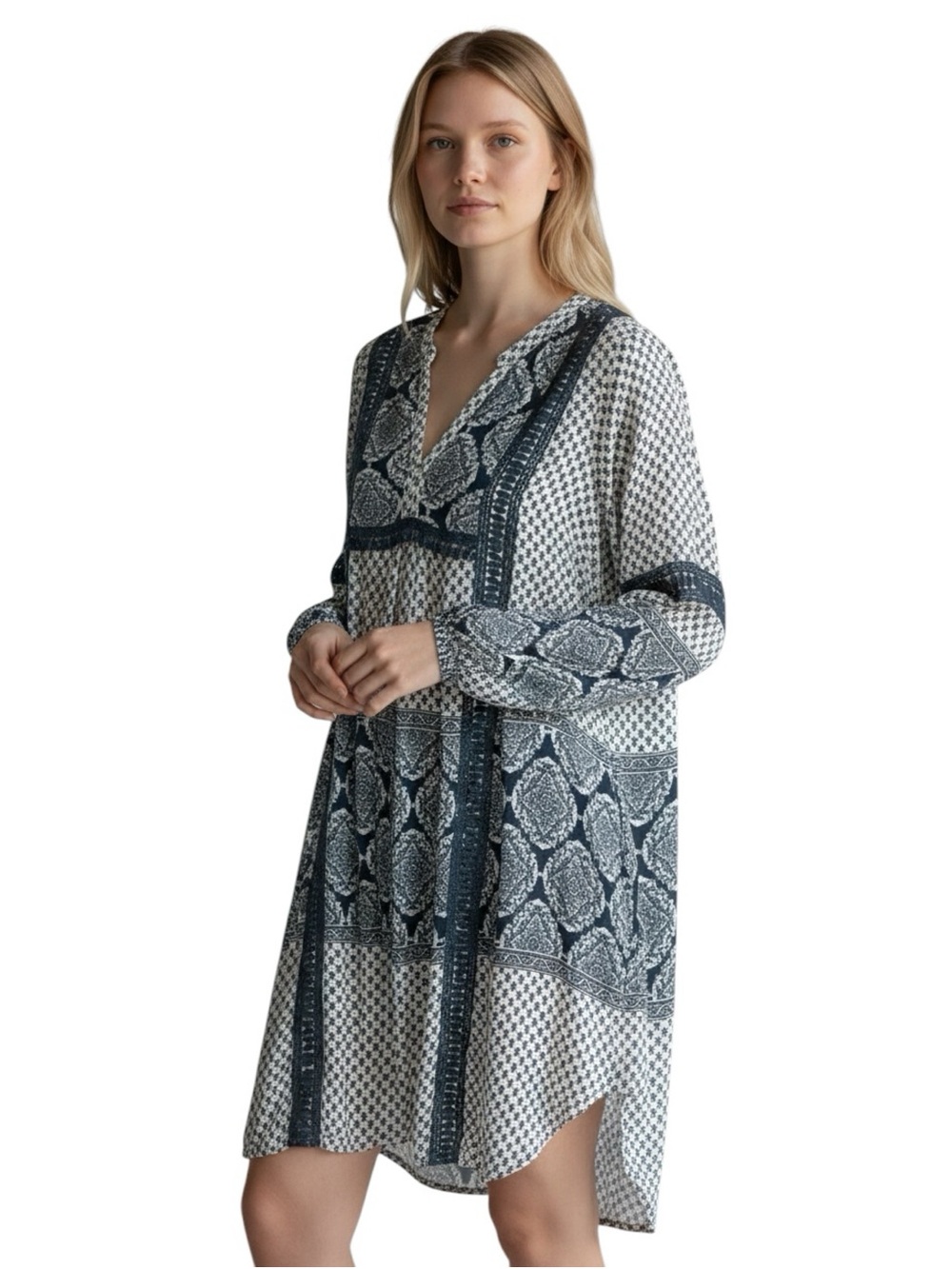 Knox Rose blue & white floral asymmetric hem bell sleeve boho mini dress size L